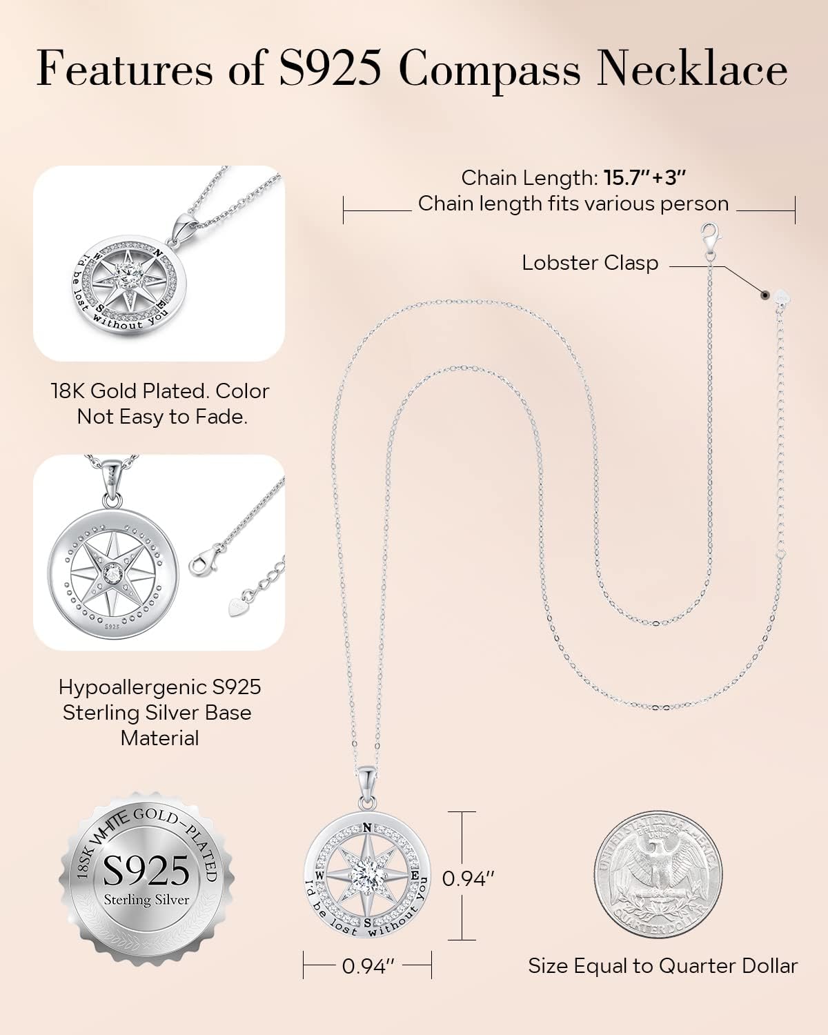 Necklace Gift for Wife |Compass Jewelry |Girlfriend Birthday Gifts for Her Valentines