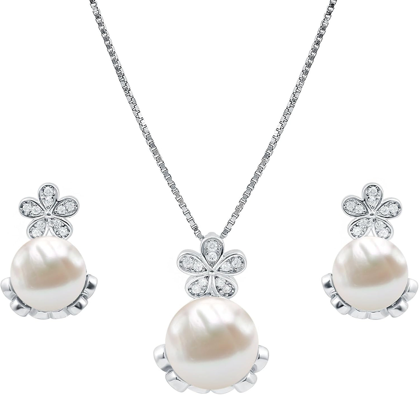 Pearl Flower Necklace Earrings Set in Silver, Natural Pearl Bridal Jewelry Set - Gift For Women
