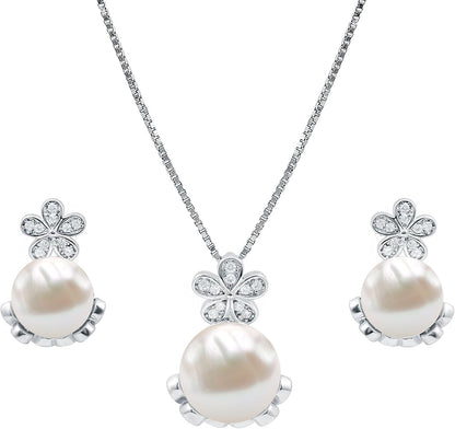 Pearl Flower Necklace Earrings Set in Silver, Natural Pearl Bridal Jewelry Set - Gift For Women