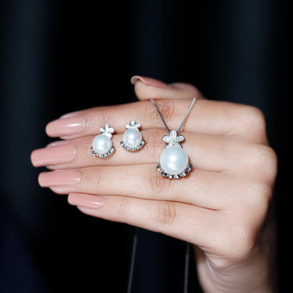 Pearl Flower Necklace Earrings Set in Silver, Natural Pearl Bridal Jewelry Set - Gift For Women