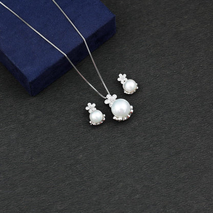 Pearl Flower Necklace Earrings Set in Silver, Natural Pearl Bridal Jewelry Set - Gift For Women